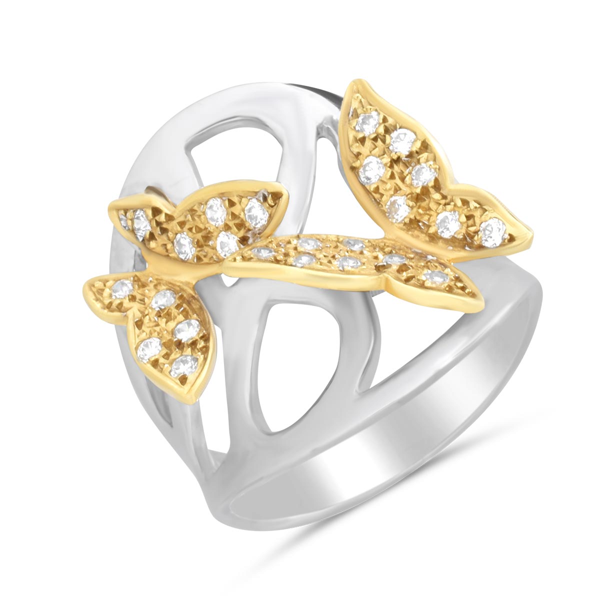 Χρυσό δαχτυλίδι Κ14 με πεταλούδες και ζιργκόν